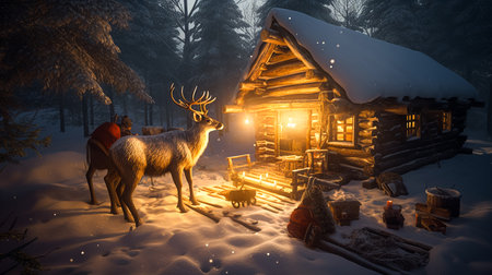 Reindeer and Warmth in the Winter Wonderland of Santa's Cottage. Generative AI.の素材