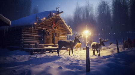 Cozy Winter Cottage with Santa's Reindeer. Generative AI.の素材
