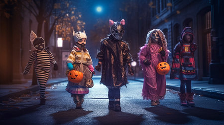 Halloween Hijinks, Kids on the Prowl. Generative AI.の素材