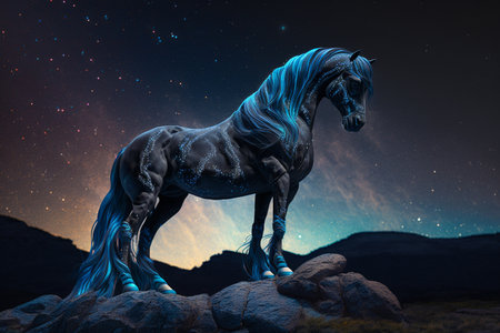 The Fantasy Black Mystical Unicorn on the edge of the universe. Generative AI.の素材