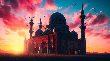 Experience the mesmerizing beauty of a mosque silhouette against a vibrant and captivating sunset with this AI-generated artwork. The harmonious blend of colors paints the sky.の素材