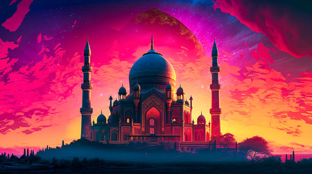 Experience the mesmerizing beauty of a mosque silhouette against a vibrant and captivating sunset with this AI-generated artwork. The harmonious blend of colors paints the sky.の素材