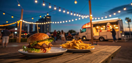 Summer Night Market with Food Truck, Burgers, Fries &amp; String Lights V4の素材