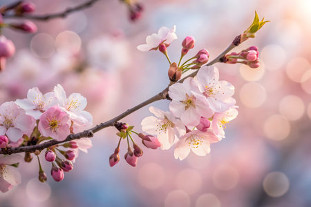 cherry blossom in spring time with beautiful bokeh backgroundの素材
