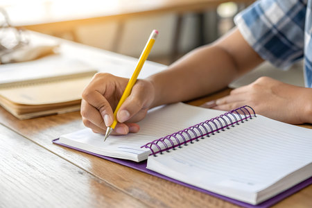 Close-up of a female student writing in a notebook at homeの素材
