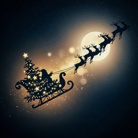 Santa Claus in a sleigh pulled by his reindeer against the background of the night sky.の素材