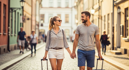 Couple walking with suitcases through the old town. Man and woman traveling together.の素材
