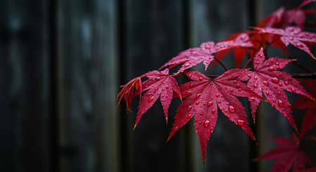 Red maple leaf with water drops on a dark wooden background with copy spaceの素材