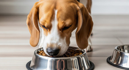 Beagle dog eating food from a bowl on the floor at homeの素材