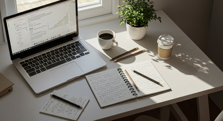 Laptop and notepad with pencils and coffee cup on white tableの素材
