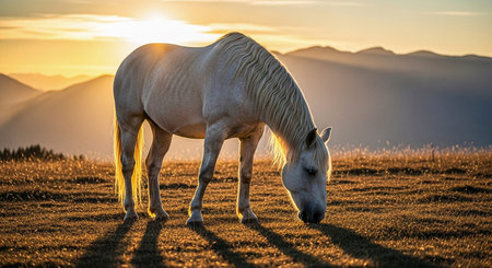 Horse in the mountains at sunset. Beautiful landscape with white horseの素材
