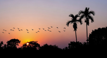 Silhouette of palm trees with flying birds at sunset background.の素材