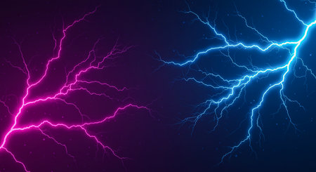 Electrical discharges lightning bolt thunder flash strike effect overlay on dark background blue and violet hues graphic design.の素材
