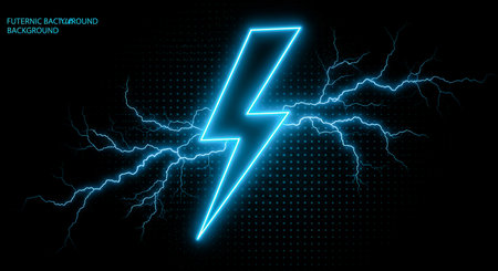 Futuristic background with glowing blue lightning bolt strikes energy illustration. Symbol of power, speed, and technological advancement design concept.の素材