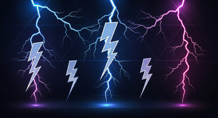 Electrical lightning bolt thunder strike design element and electrical effect image electrical power thunder and storm backdrop.の素材