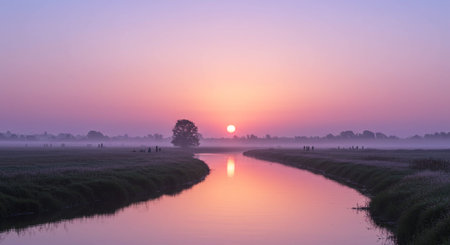 Beautiful serene sunrise scene over misty river reflecting in soft light. Peaceful scenery landscape view in rural field setting in nature.の素材