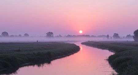 Pink sunrise reflection river tranquil scene. Mist morning creates serene landscape with trees water reflection beautiful peaceful vista.の素材