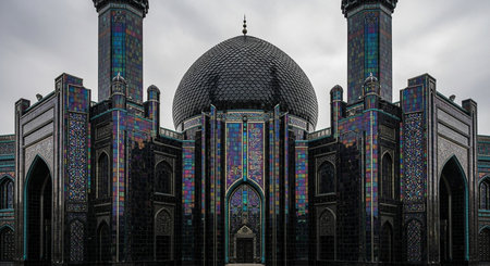 Intricate facade displays amazing color variations. Dome and minarets enhance the architecture. A significant muslim landmark structure.の素材