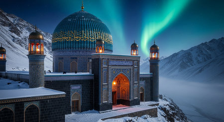 Aurora borealis over the dome of Samarkand, Uzbekistanの素材