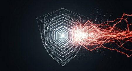 Abstract hexagon wireframe visualizes energy blast through futuristic network.  Symbolizes protection system with data technology.の素材