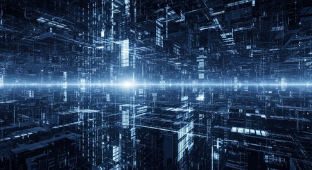 Cyber technology grid digital data network artificial intelligence cityscape modern communication system background.の素材