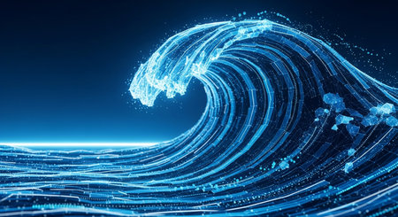 Digital blue wave technology connected geometric illustration background. Represents connection, cyberspace, digital world, future era.の素材