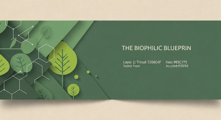 Biophilic blueprint with green leaves and geometric design. Represents sustainable thinking, eco-friendly planning, and layerd aesthetics.の素材