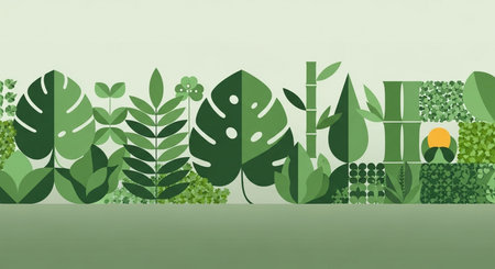Geometric plant mosaic creates an organic harmony with fresh environmental plants wallpaper pattern lush foliage. Green environmental design.の素材