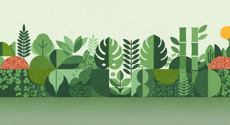 Green garden flat design with botanical elements and geometric shapes. Illustrating nature growth with simple shapes.の素材