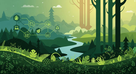 Green landscape depicting network ecology connectivity through a forest with tech inspired sustainable solutions promoting a future.の素材