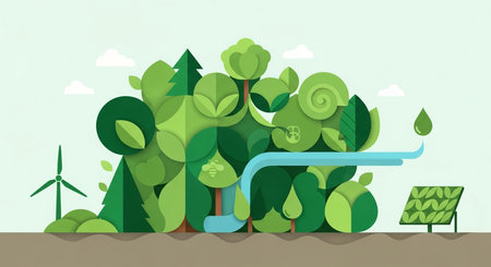 Ecology illustration shows green energy themes windmill solar panel water droplet nature conservation for earth day artwork.の素材