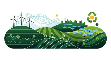 Sustainability landscape illustration with green energy themes: wind turbines, solar panels, and recycle logo over agricultural fields.の素材