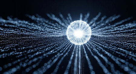 Glow sphere abstract futuristic networking concept. Data connection point information technology representation digital world transfer. Modern connection data point.の素材