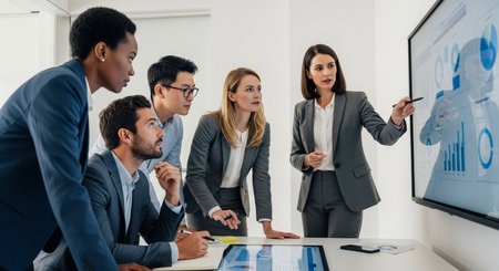 Businesspeople participating data analysis presentation graphs charts strategy planning. Presenting monitor sharing results discussing statistics.の素材