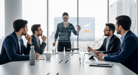 Business meeting presentation with futuristic technology. Augmented reality data analytics graphs presented to executives for planning.の素材