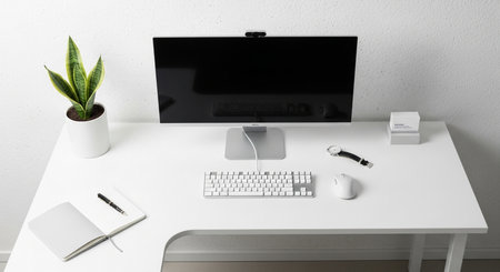 Showcasing clean white desk setup with monitor and stationery. Includes notebook and plant for minimalist workplace aesthetic. Top view.の素材