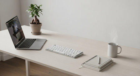 Clean desk featuring open laptop, keyboard, notebook, and tea cup.  Focus on the workspace layout and accessories.の素材