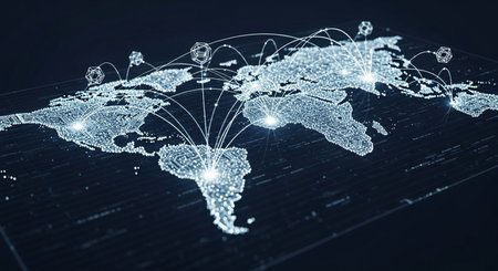 Circuit board world map with network connections. Data transfer technology represented by global digital communication and information.の素材