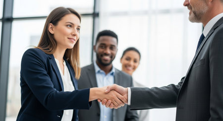 Close-up handshake after success deal. Concept diverse teamwork smiling faces. Modern office background, negotiation.の素材