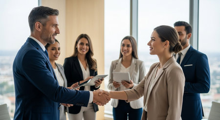 Business group celebrate deal handshake partnership agreement in modern office workspace professional teamwork collaboration success diverse settingの素材