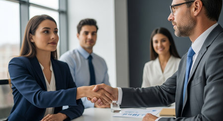 Handshake negotiation agreement business partner cooperation successful team building. Office space collaboration for corporate enterprise.の素材