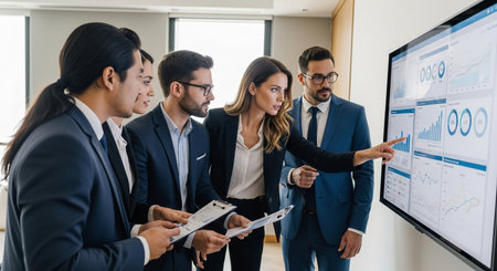 Businesspeople teamwork data analysis strategy office meeting. Presentation on graphs charts discussing planning statistics analytics project.の素材