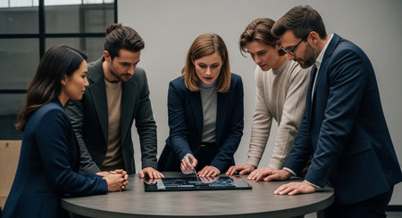 Teamwork in data analysis for corporate strategy meeting. Discussing analysis, strategy, using digital table modern technology.の素材