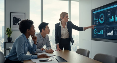 Successful analysis for team, corporate woman presenting data analysis charts on interactive screen to coworkersの素材