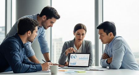 Teamwork concept depicting professionals analyzing data on laptop, charts, financial analysis, cooperation workplaceの素材