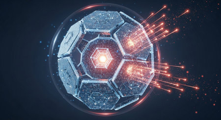 Futuristic ball concept. Advanced technology concept sphere with energy rays coming out. Complex design digital artwork background.の素材