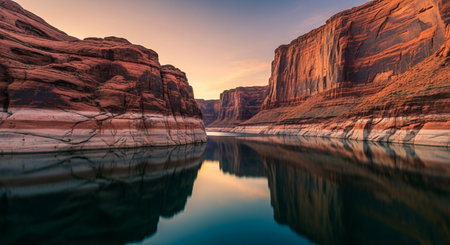 Lake Powell at sunset. River through rock canyon landscape with water reflection. American Southwest beauty.の素材