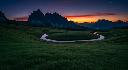 Dolomites mountains at sunset. Scenic landscape with river and green field. Beautiful Italian Alps background. Reflection on water.の素材