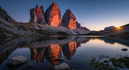 Tre Cime di Lavaredo sunrise, Italian Dolomites. Water reflections in alpine scenery, mountain landscape photography.の素材