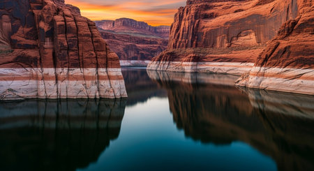 Lake Powell with water reflections and red rock canyon landscape in Utah, Arizona. Scenery photography, travel destination.の素材